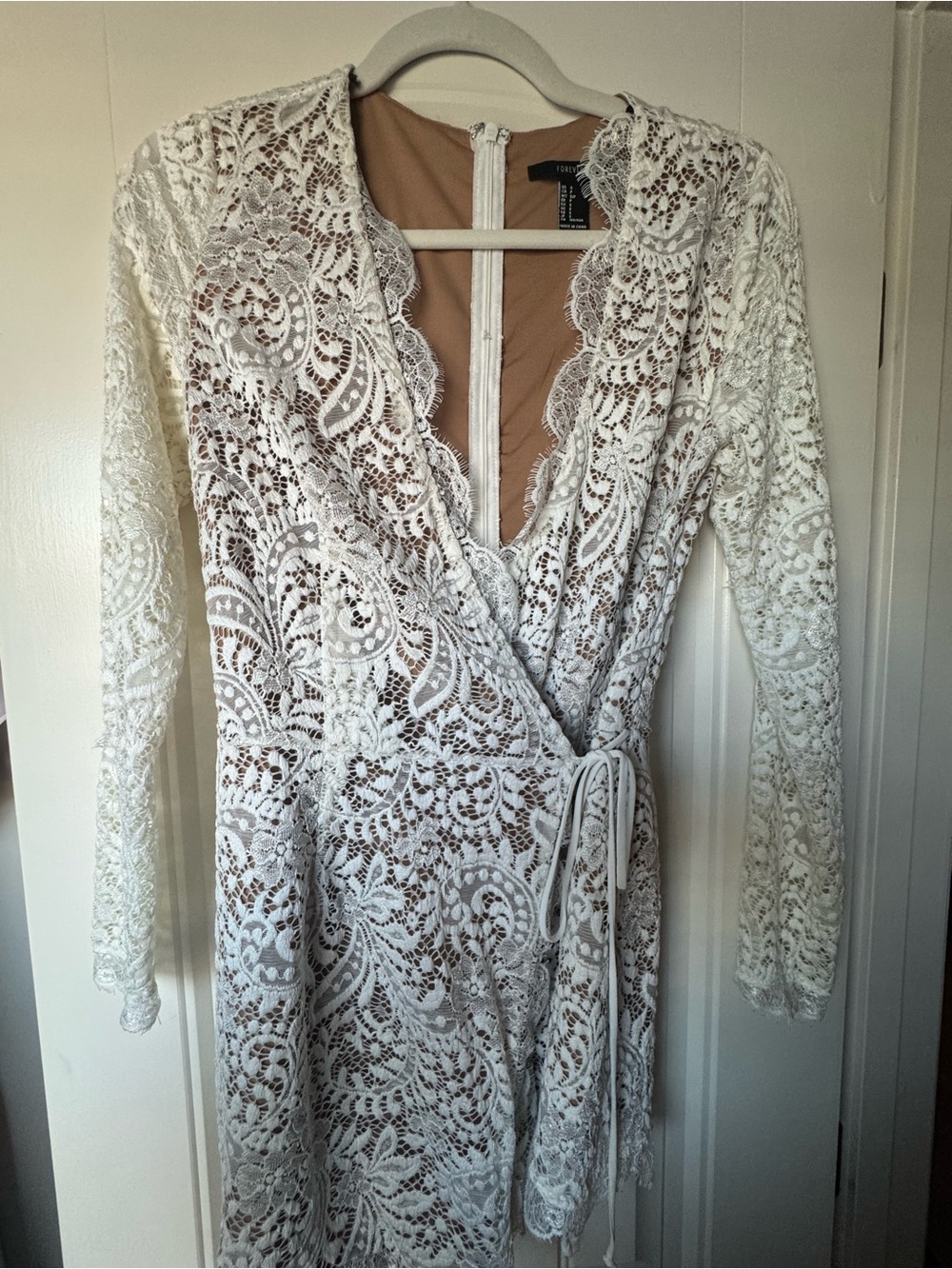 Forever 21 White Lace Long Sleeve Wrap Romper Dress